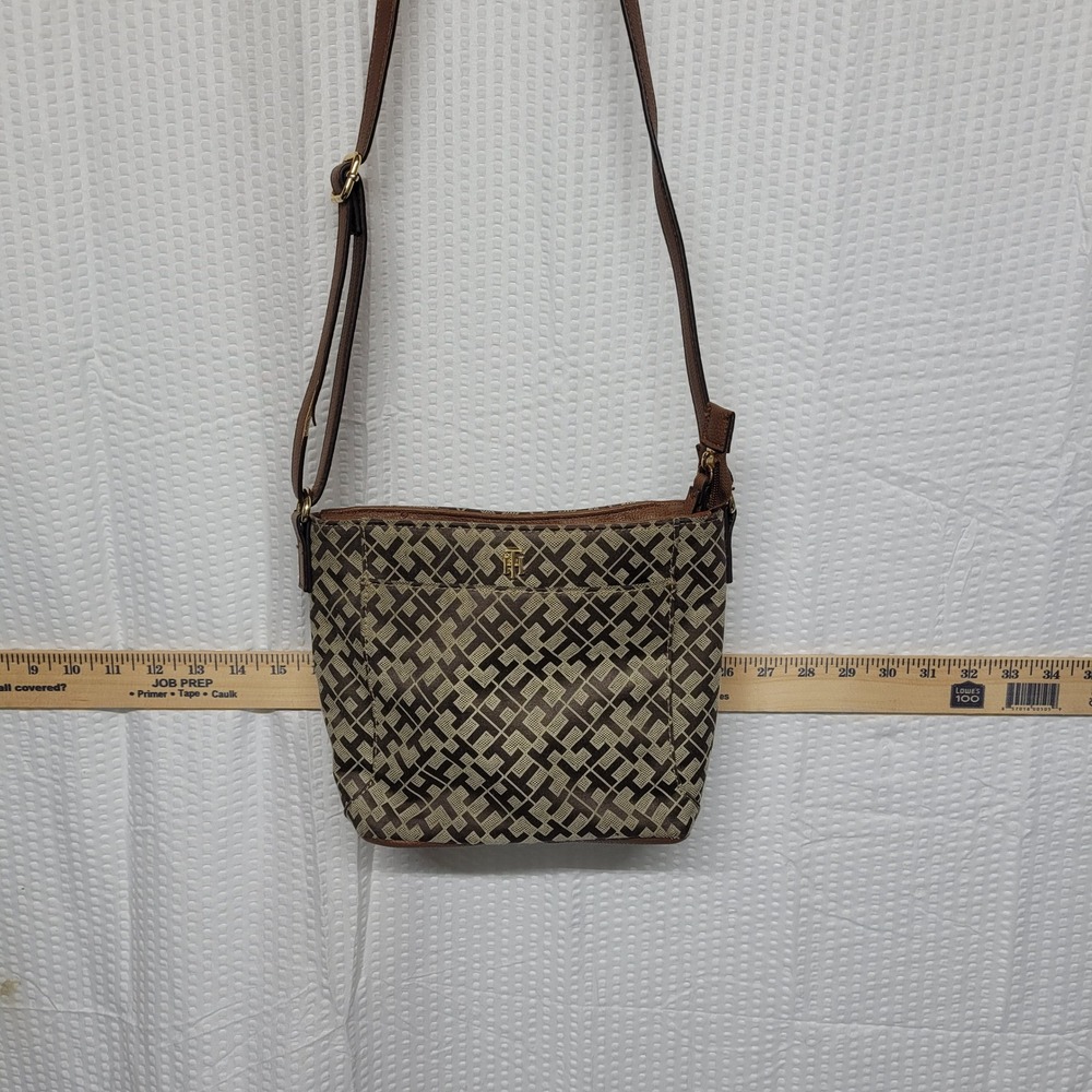 Tommy Hilfiger Monogram Crossbody Bag Brown Tan Jacquard Small Shoulder Bag